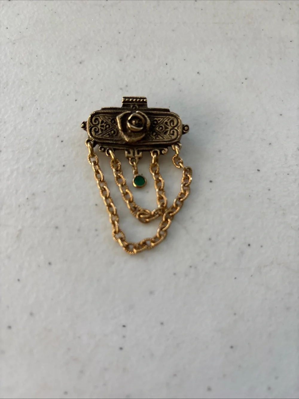 Gold-Tone Floral Chain Brooch with Green Accent